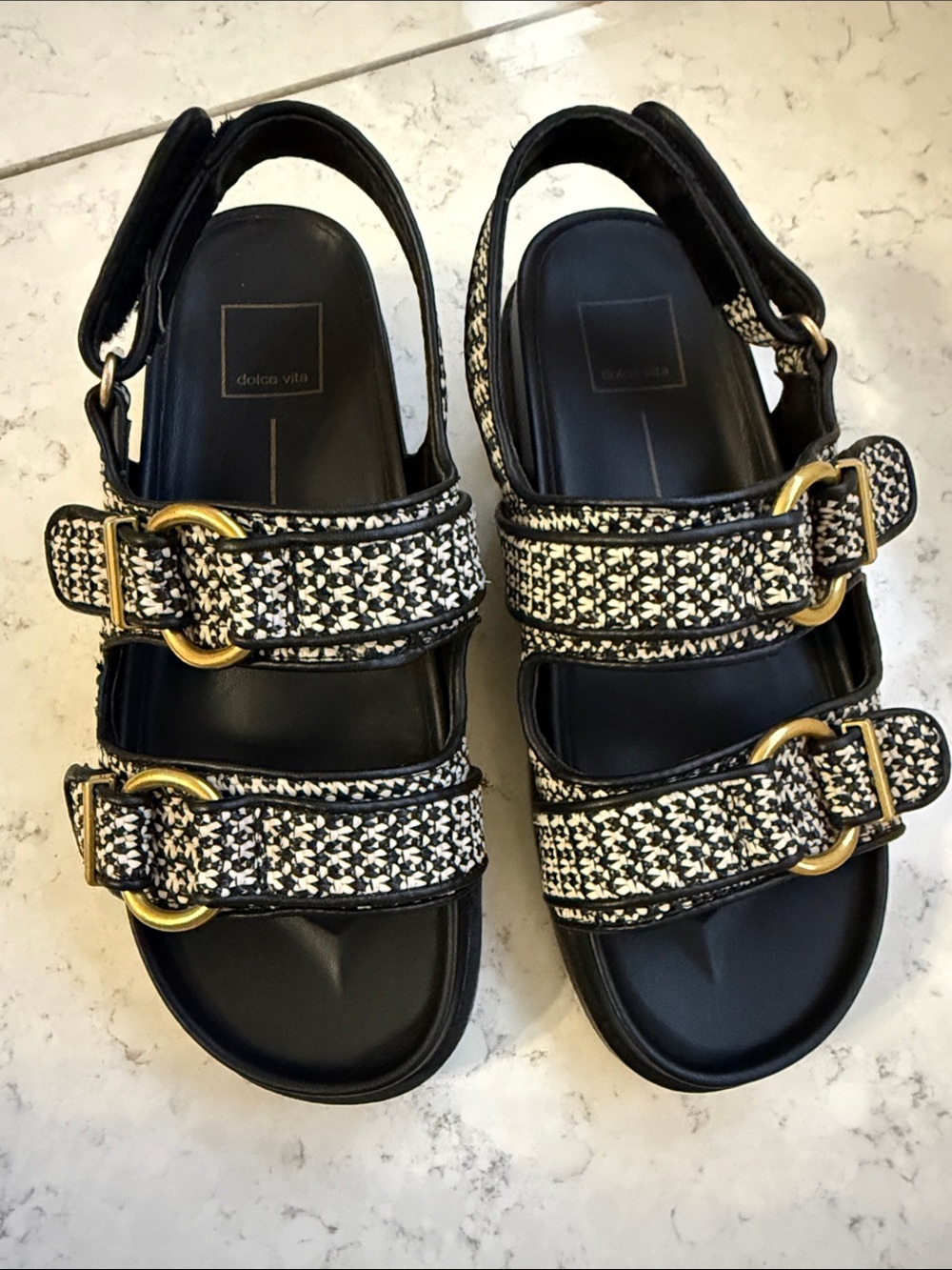 Dolce Vita Shelli Black and Cream Woven Buckle Strap Sandals